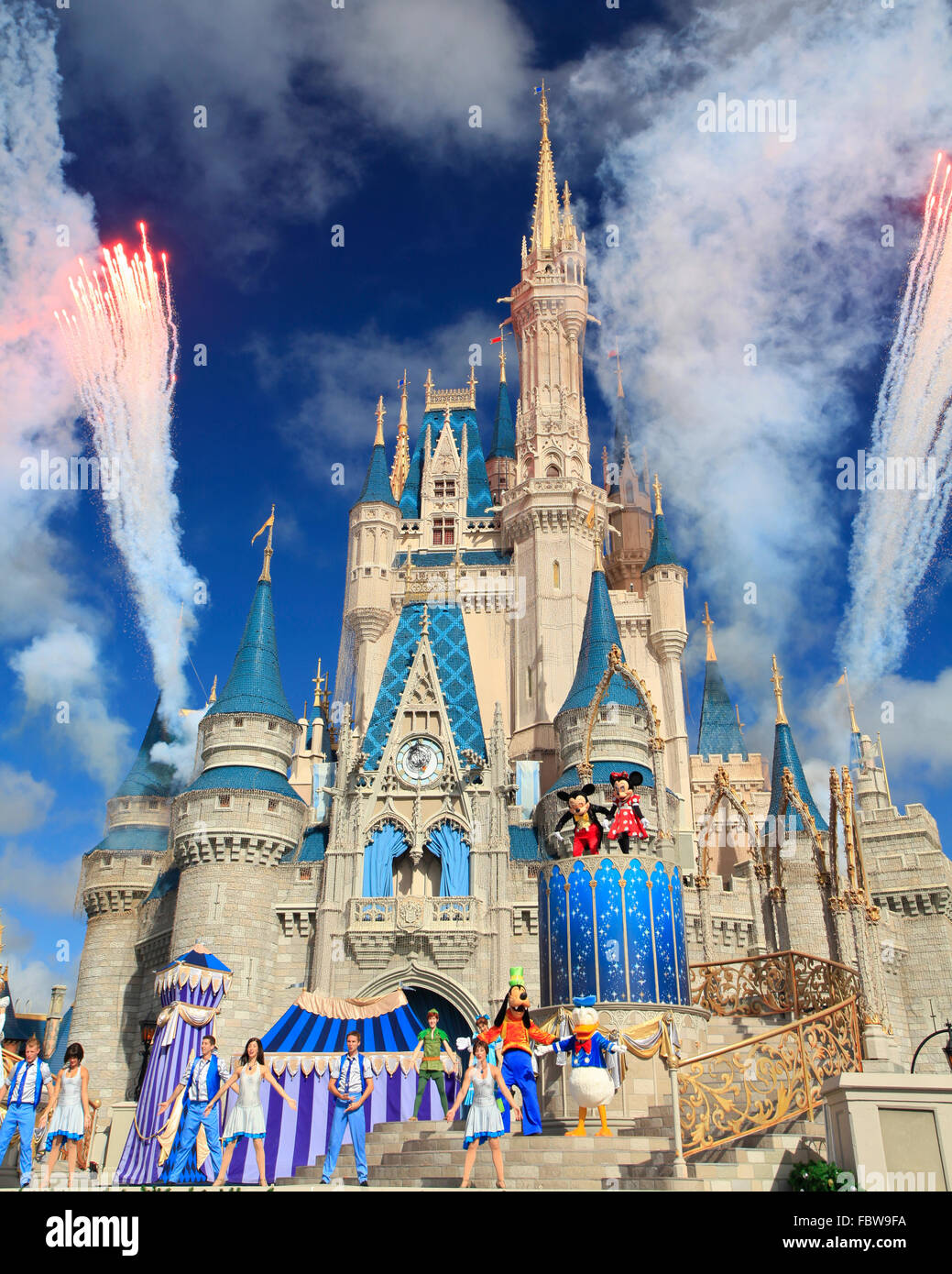 Cinderella Castle and fireworks, Magic Kingdom, Disney Stock Photo