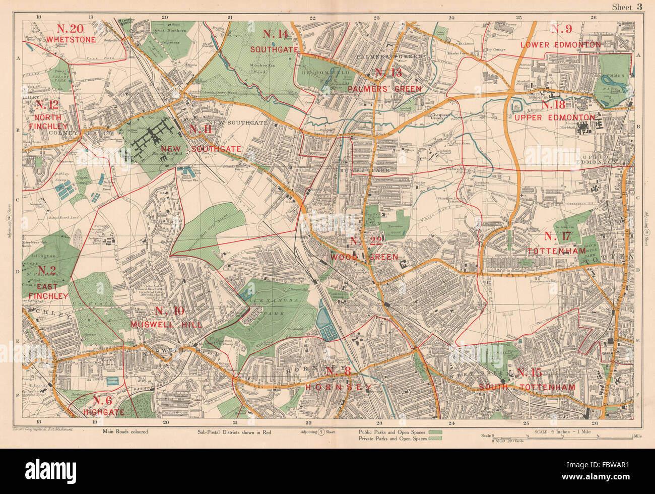 N LONDON Hornsey Edmonton Muswell Hill Southgate Tottenham. BACON, 1927 map Stock Photo