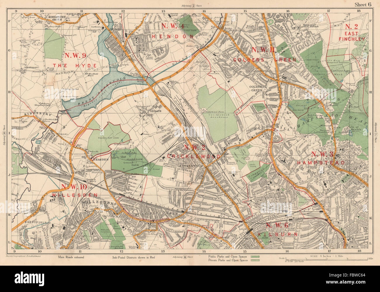 NW LONDON Cricklewood Hampstead Hendon Willesden Golders Green. BACON, 1927 map Stock Photo
