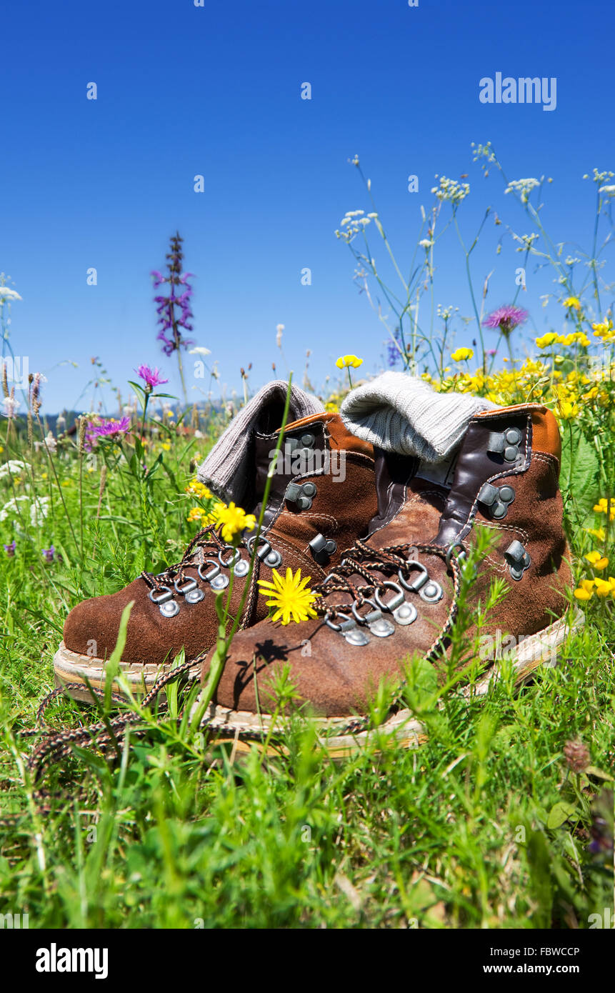 hiking boots meadow Stock Photo