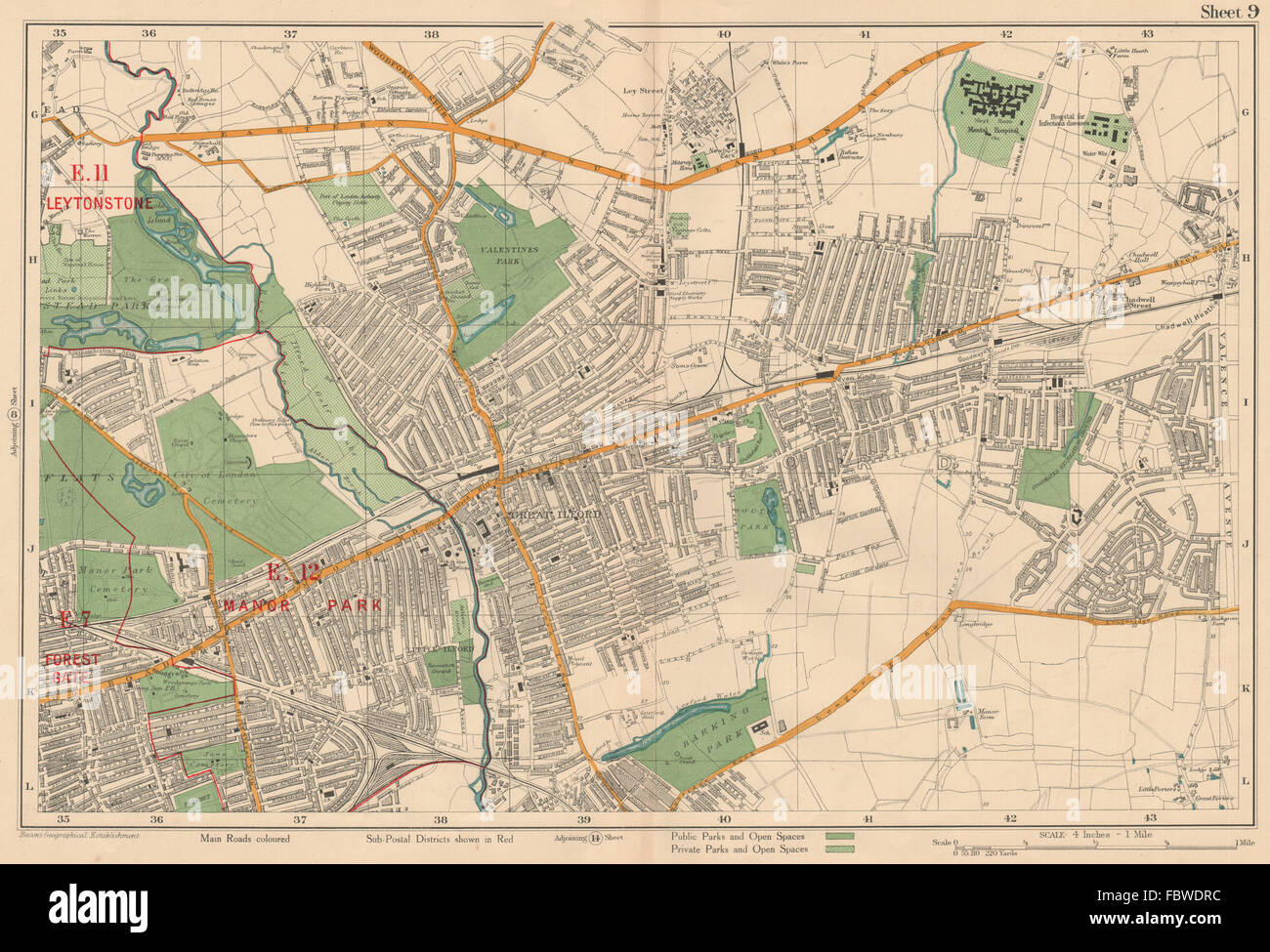 ILFORD Barking Wanstead Flats Goodmayes Newbury Park Becontree. BACON, 1927 map Stock Photo