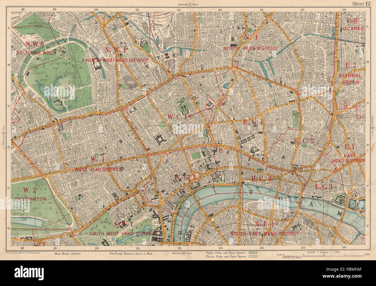 LONDON CENTRAL Westminster West End City Islington Southwark. BACON, 1927 map Stock Photo