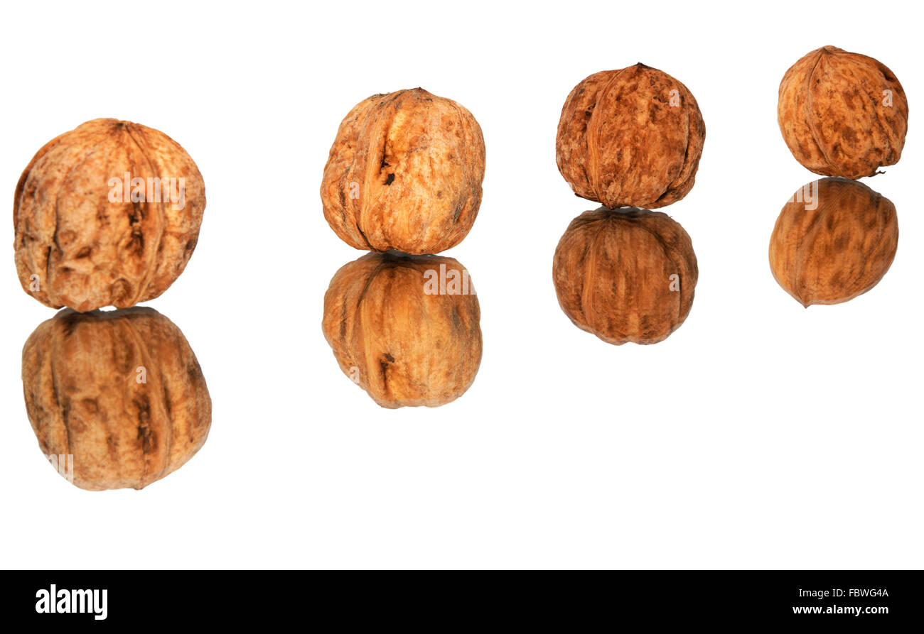 Walnuts on mirror Stock Photo
