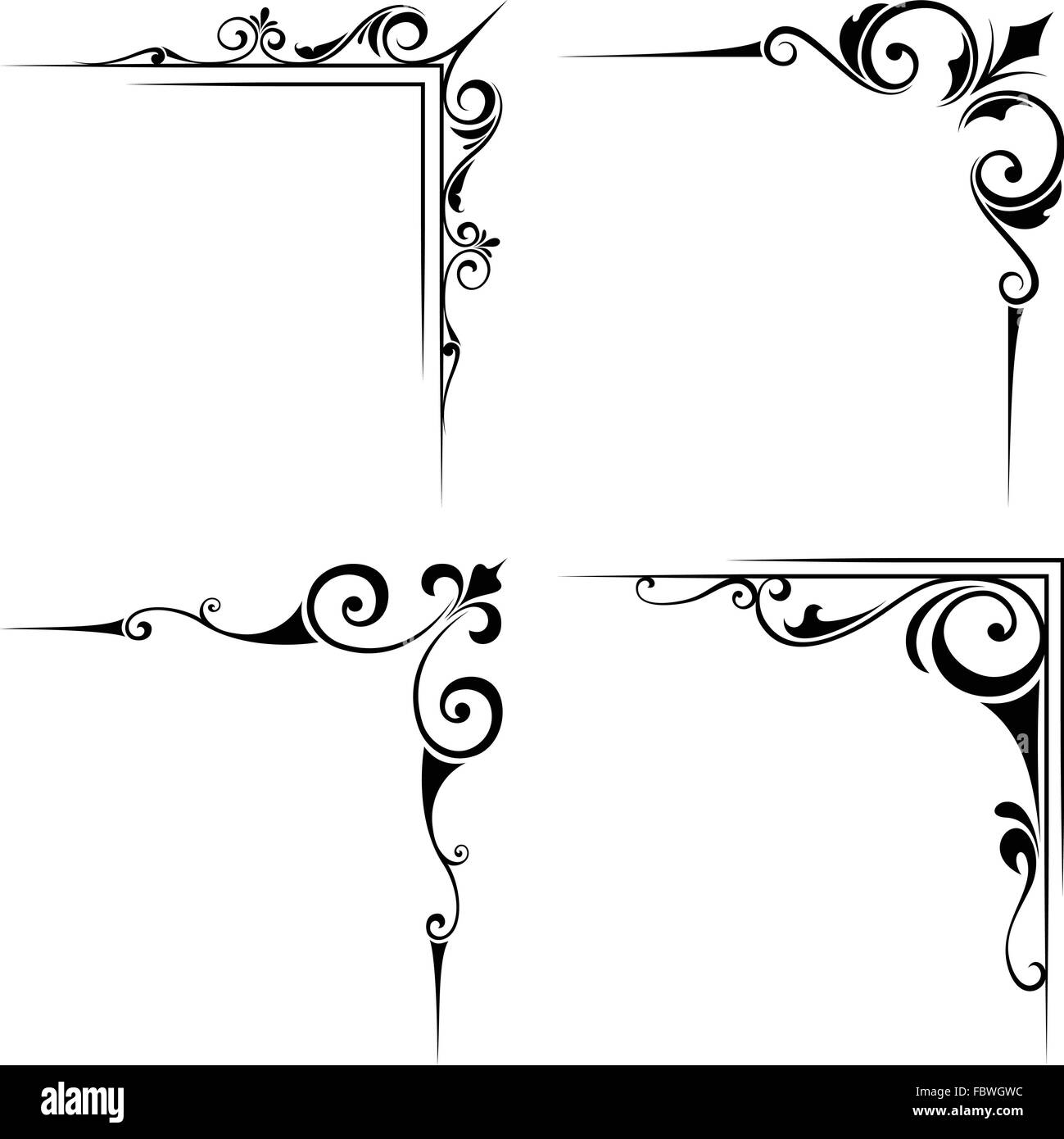 Calligraphic decorative black corner elements. Vector illustration. Stock Vector