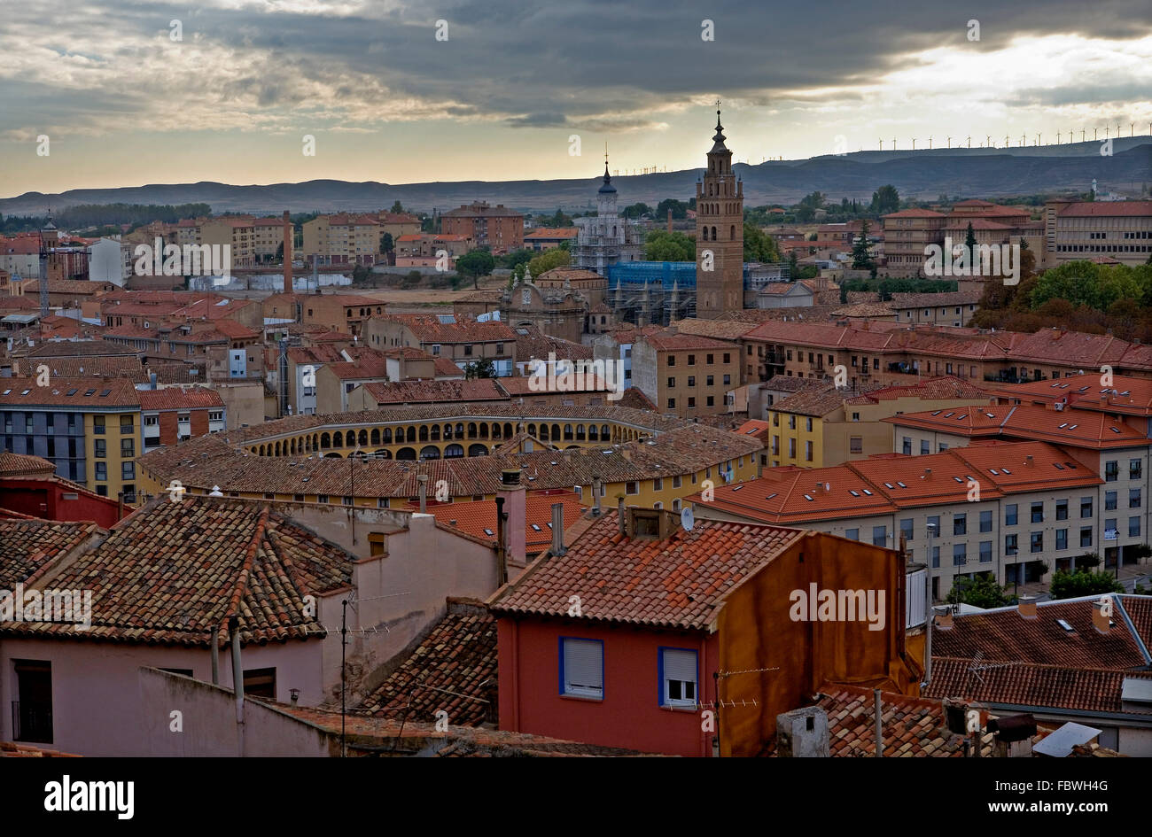Zaragoza province, Aragon, Spain: Tarazona. Skyline With the old bull ring and the bell tower of the cathedral Stock Photo