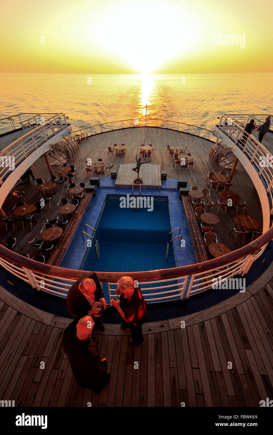 Cruise ship deck, passengers enjoying the midnight sun, Norway, Scaninavia, Europe Stock Photo