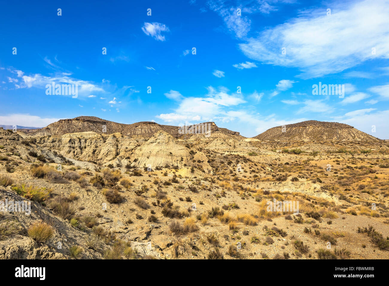 Tabernas desert mountains, in spanish Desierto de Tabernas. Europe only desert. Almeria, andalusia region, Spain. Protected wild Stock Photo