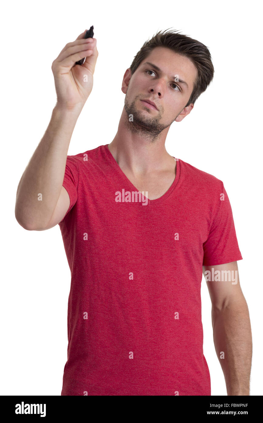 Young man writing with permanent marker Stock Photo