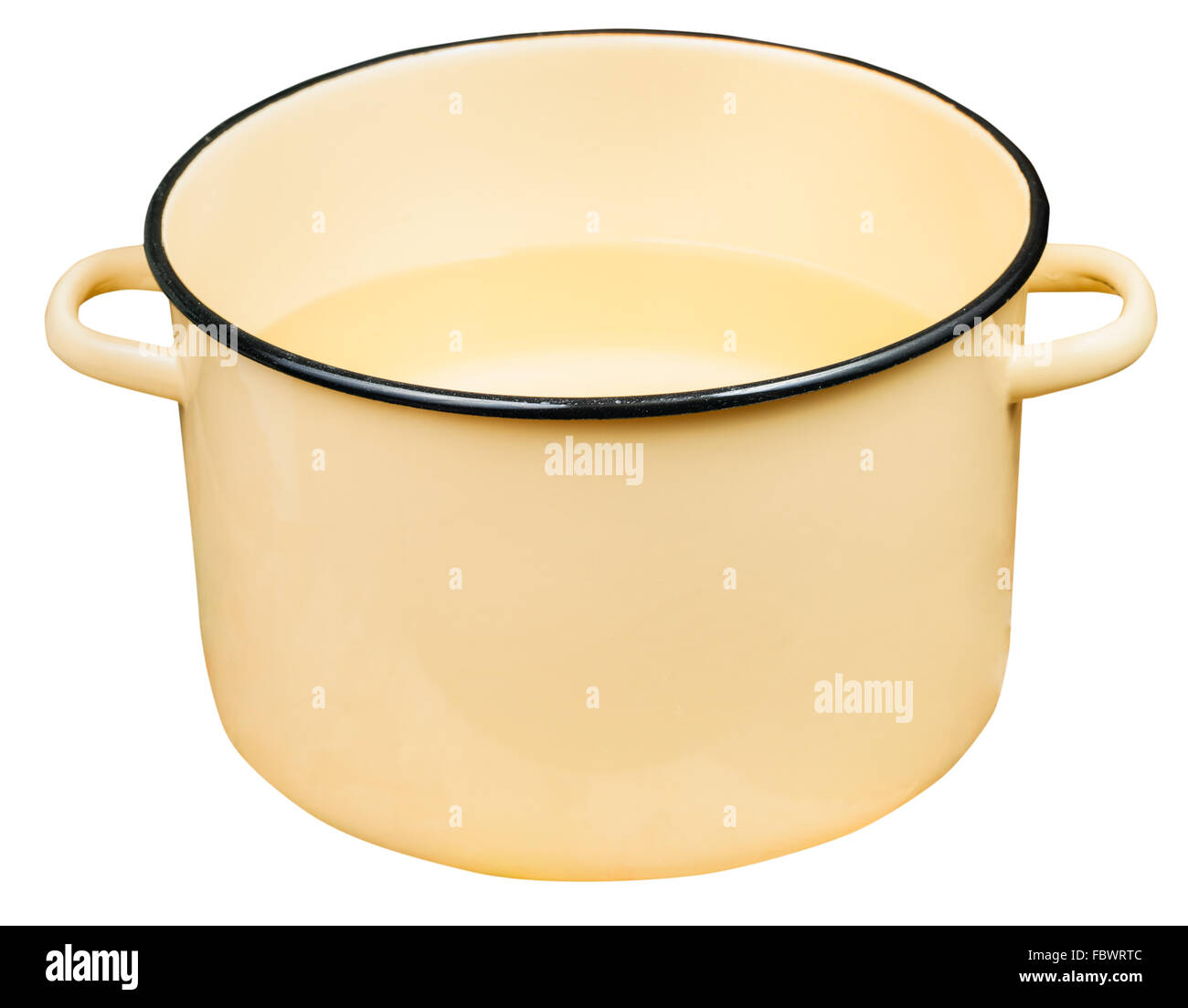 classic big yellow enamel stockpot with water isolated on white background Stock Photo