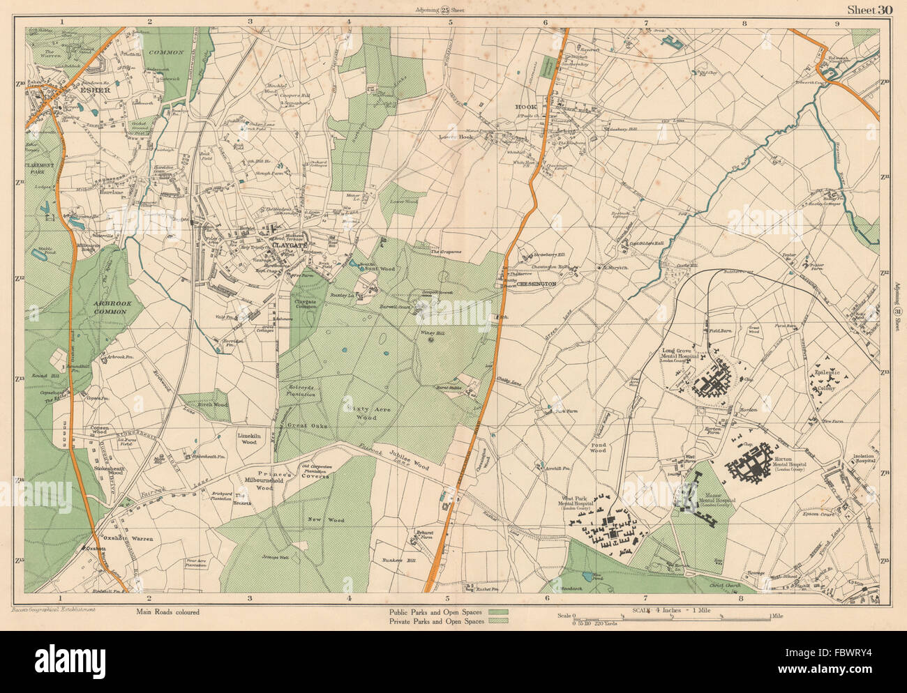 ESHER/EWELL Epsom Claygate Oxshott Hook Chessington Hinchley Wood.BACON 1927 map Stock Photo