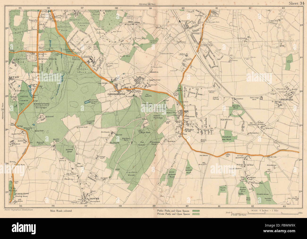 ORPINGTON Farnborough Keston Mark Pratt's Bottom Chelsfield. BACON, 1927 map Stock Photo