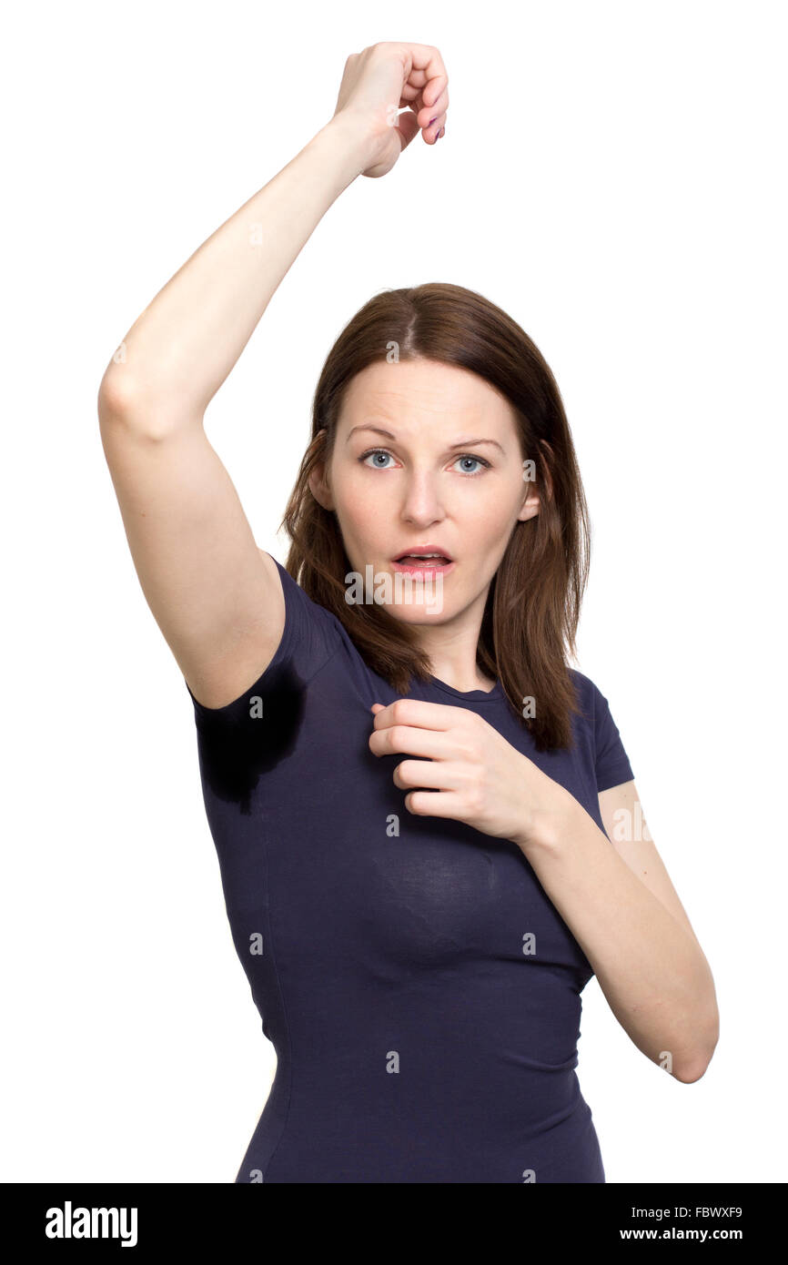 Woman sweating very badly under armpit Stock Photo Alamy
