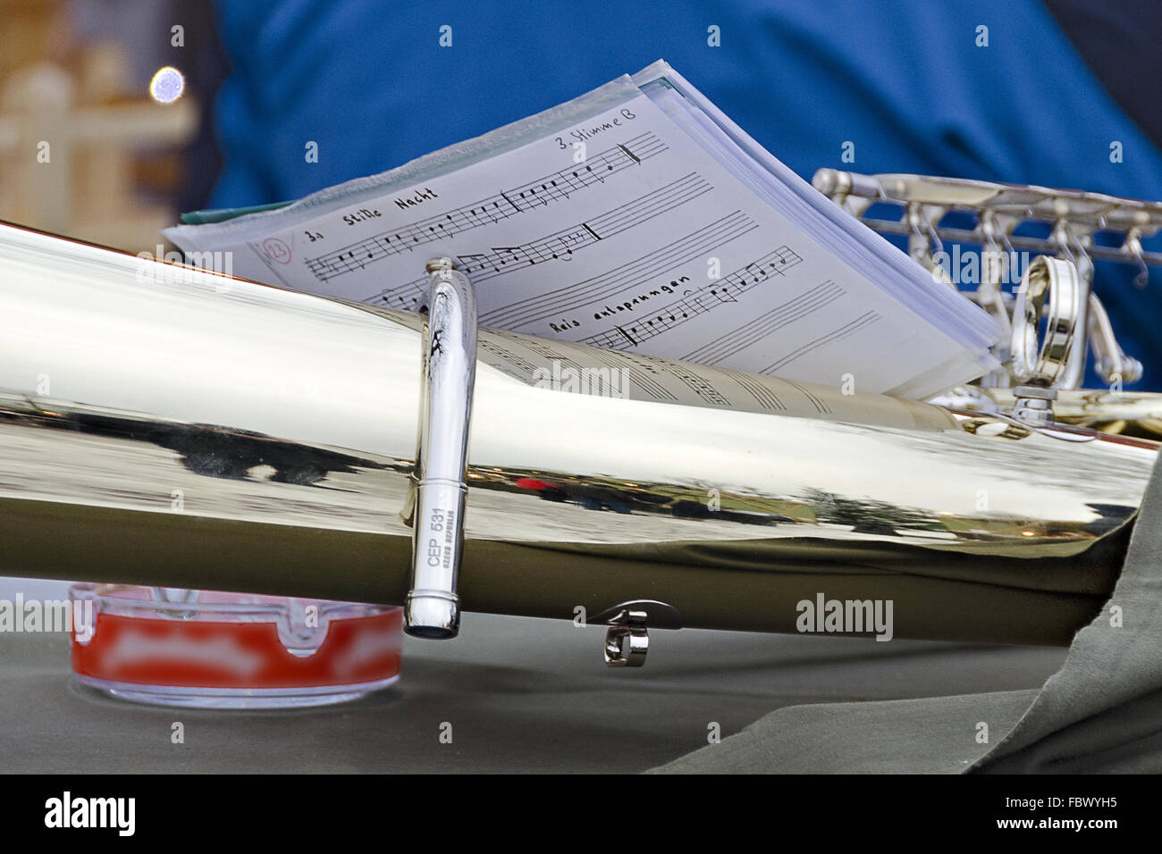 Detail of a wind instrument with notes Stock Photo