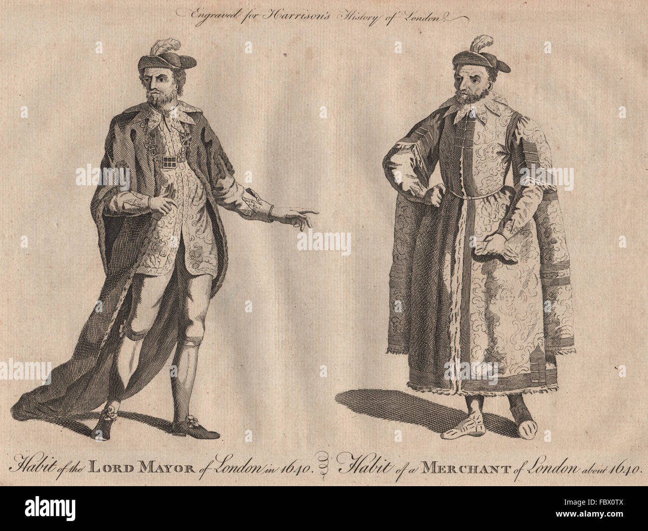 LONDON GENTLEMENS' COSTUMES 1640. Lord Mayor & Merchant habits. HARRISON, 1775 Stock Photo