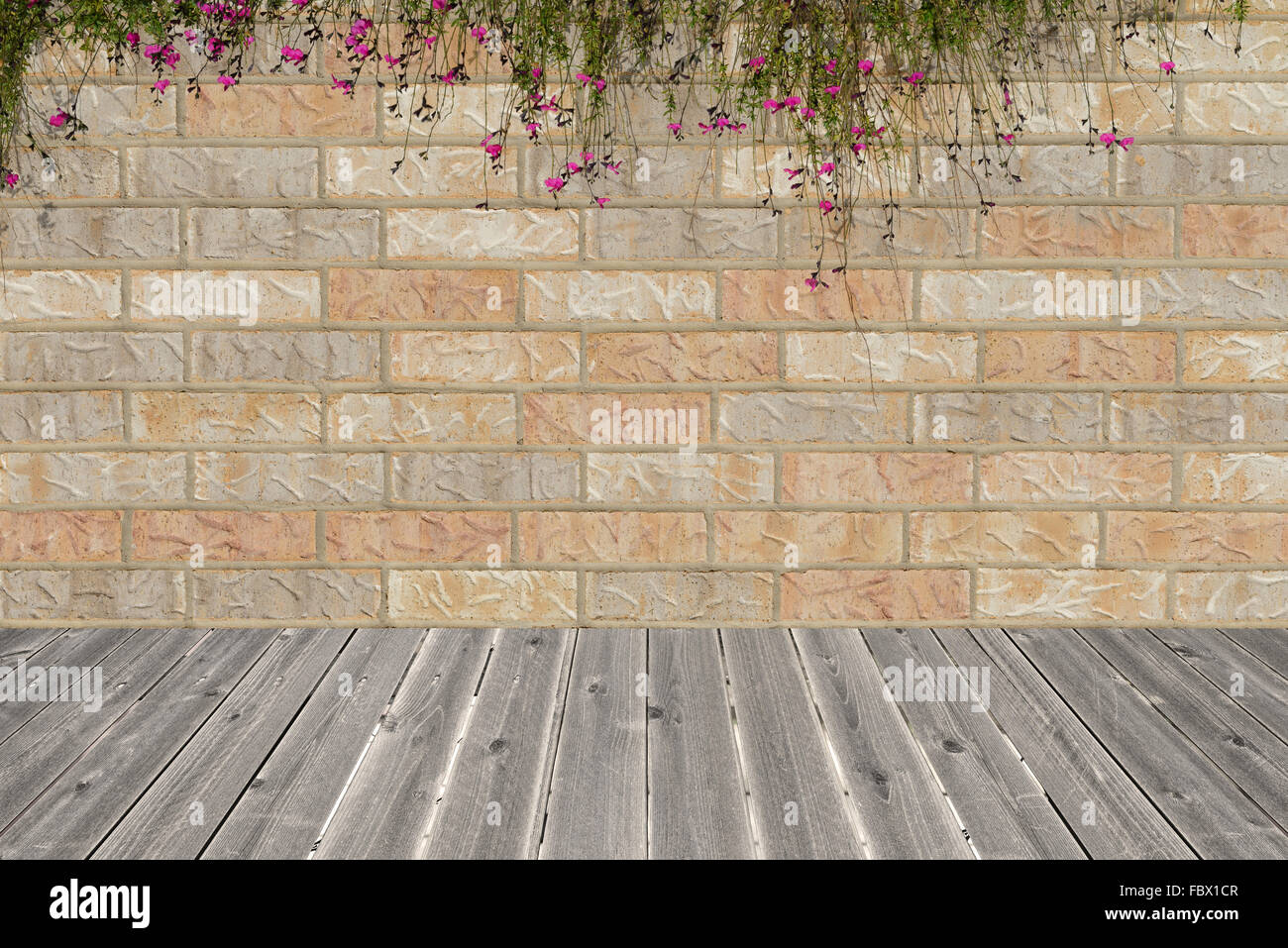 background of random orange tone brick wall with small flower bush ...