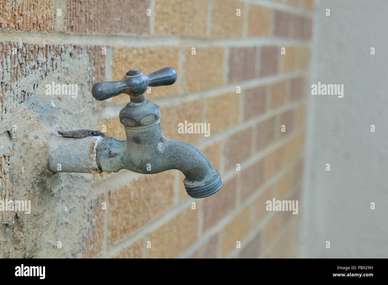 Old faucet made of brass attached to brick wall Stock Photo