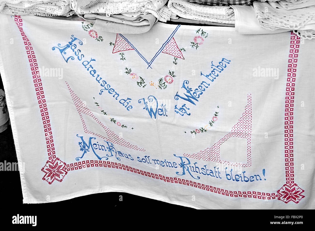 embroidered cloth with folk wisdom Stock Photo