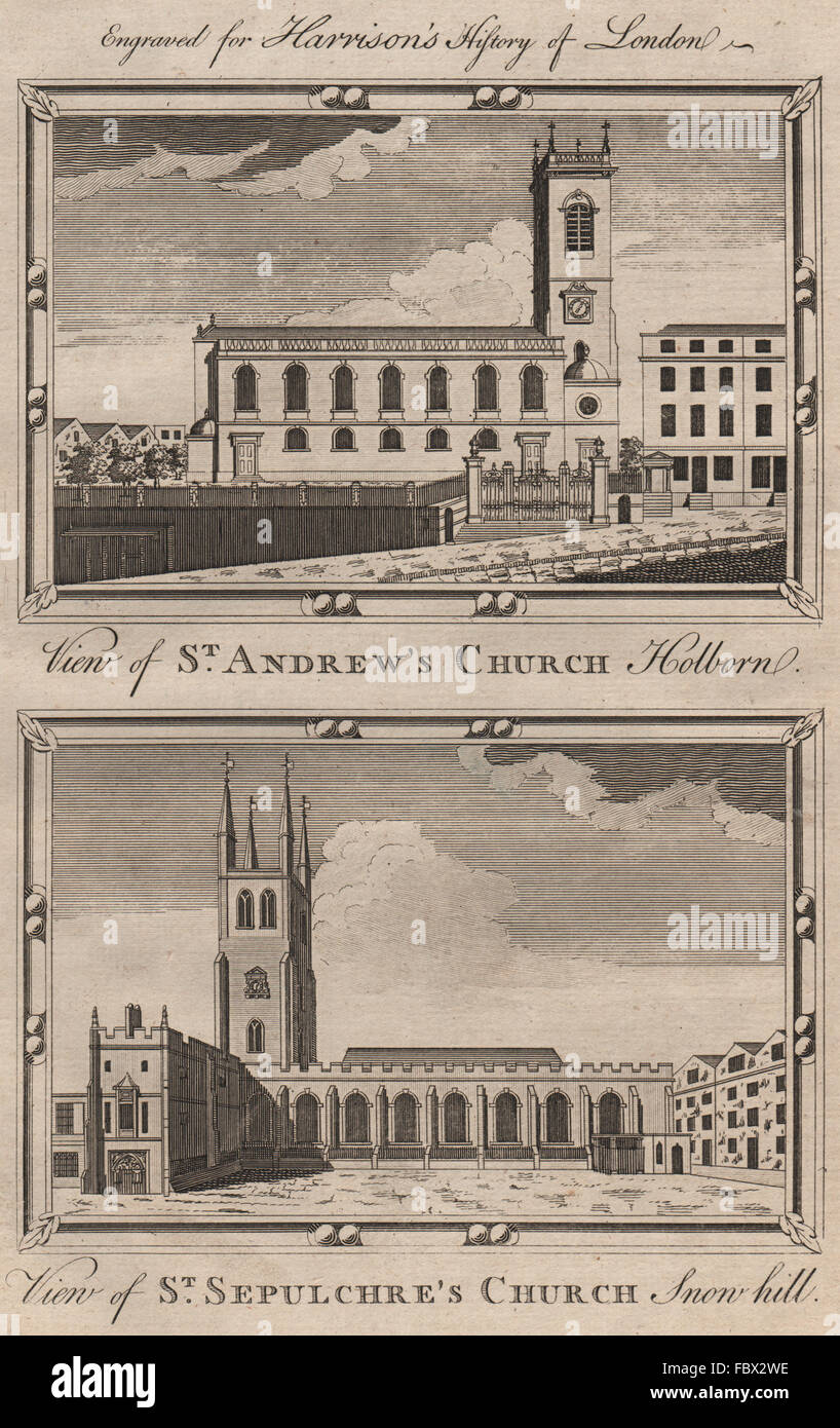 HOLBORN CHURCHES St. Andrew's. St Sepulchre-without-Newgate, Snow hill, 1775 Stock Photo