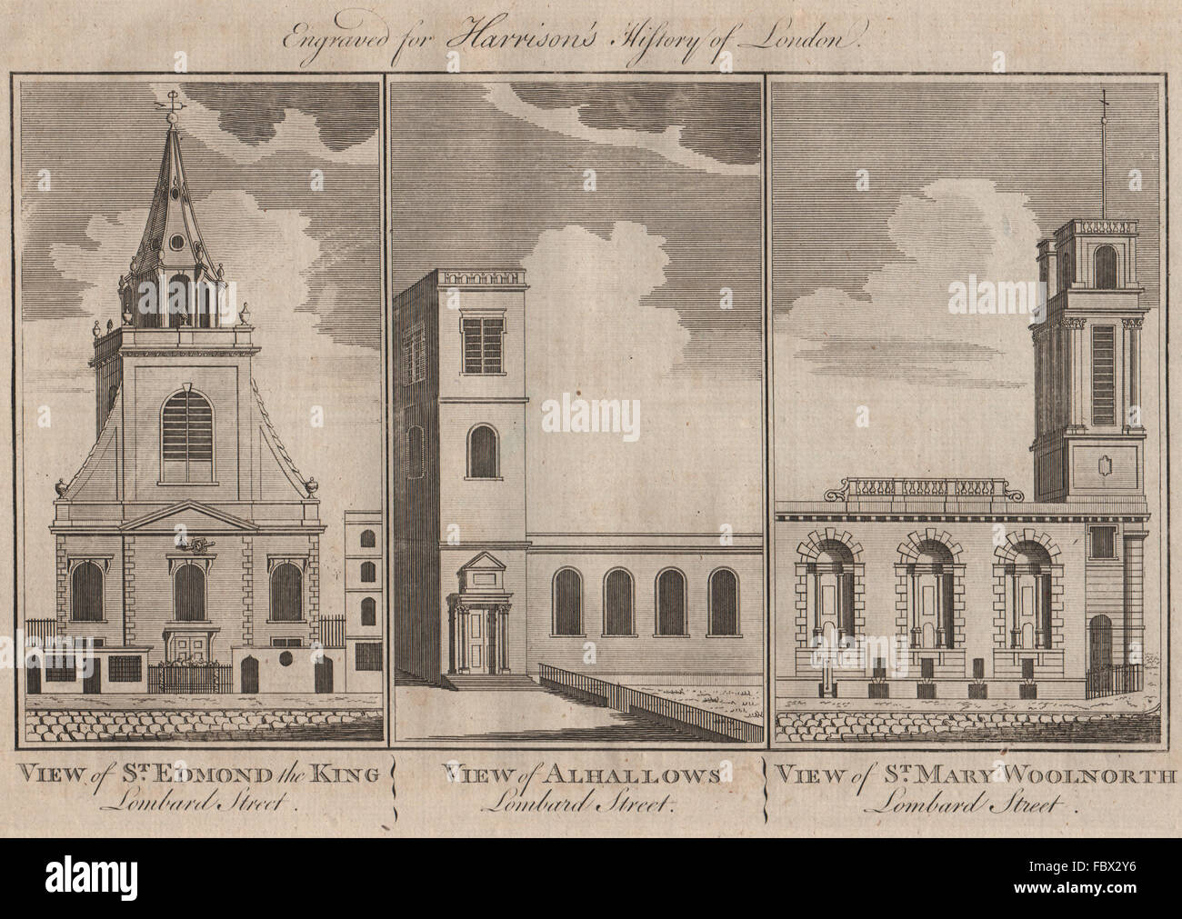 CITY CHURCHES St Edmund the King. All Hallows. St Mary Woolnoth. Lombard St 1775 Stock Photo