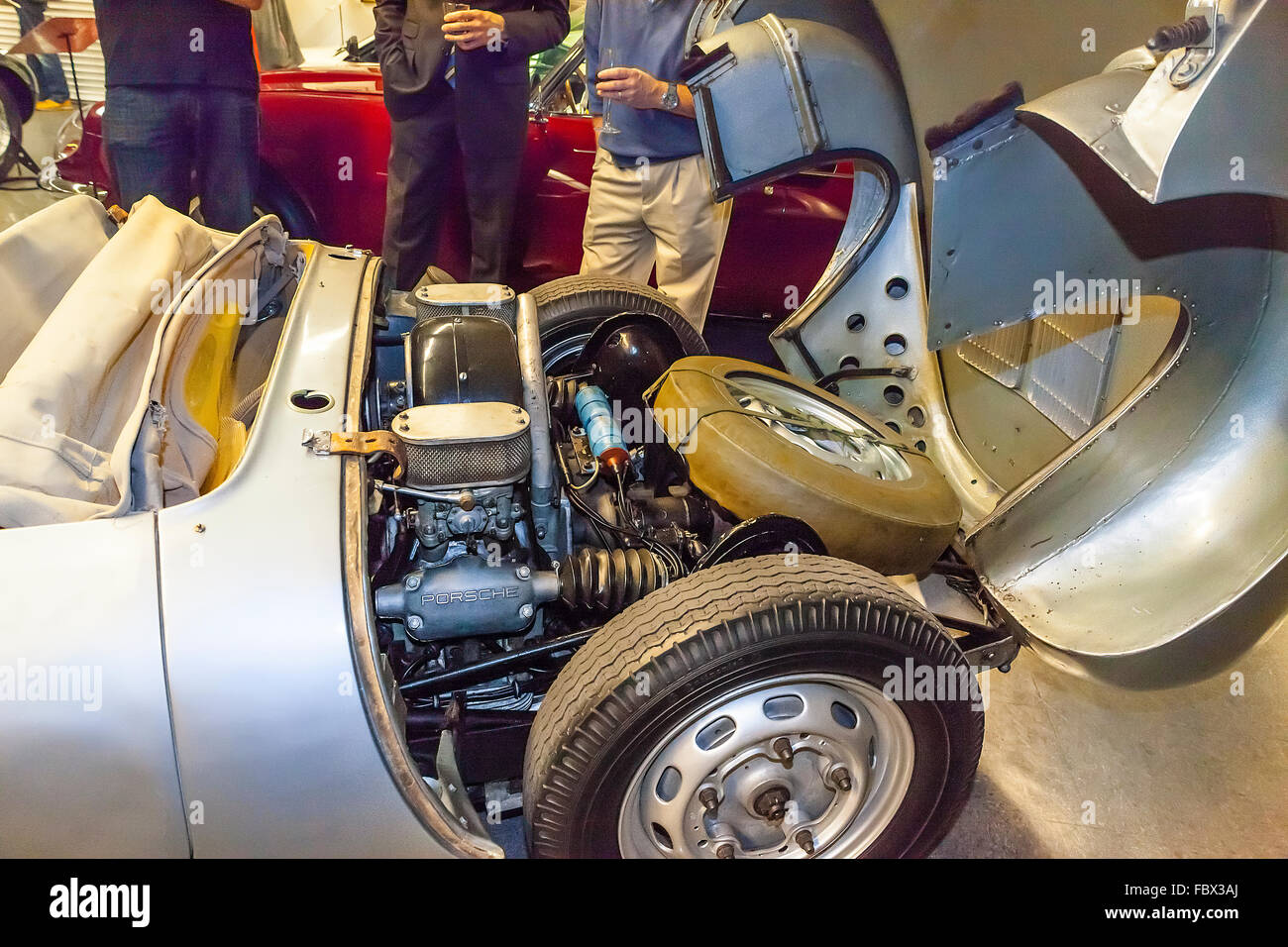 Engine compartment of the 1955 Porsche 550 RSK  similar to the car that James Dean crashed in 1955 Stock Photo