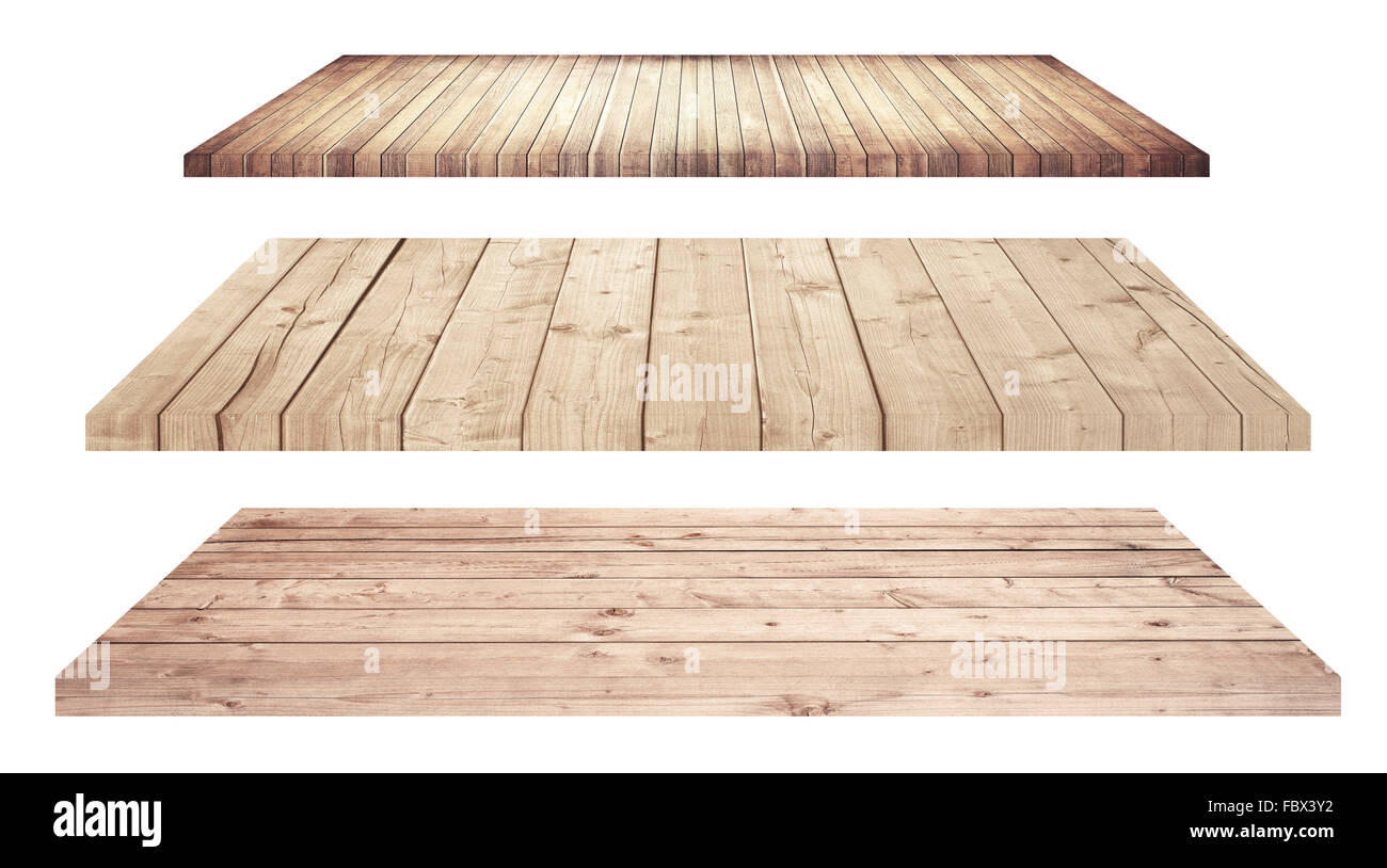Wooden shelves or tabletop isolated on white Stock Photo