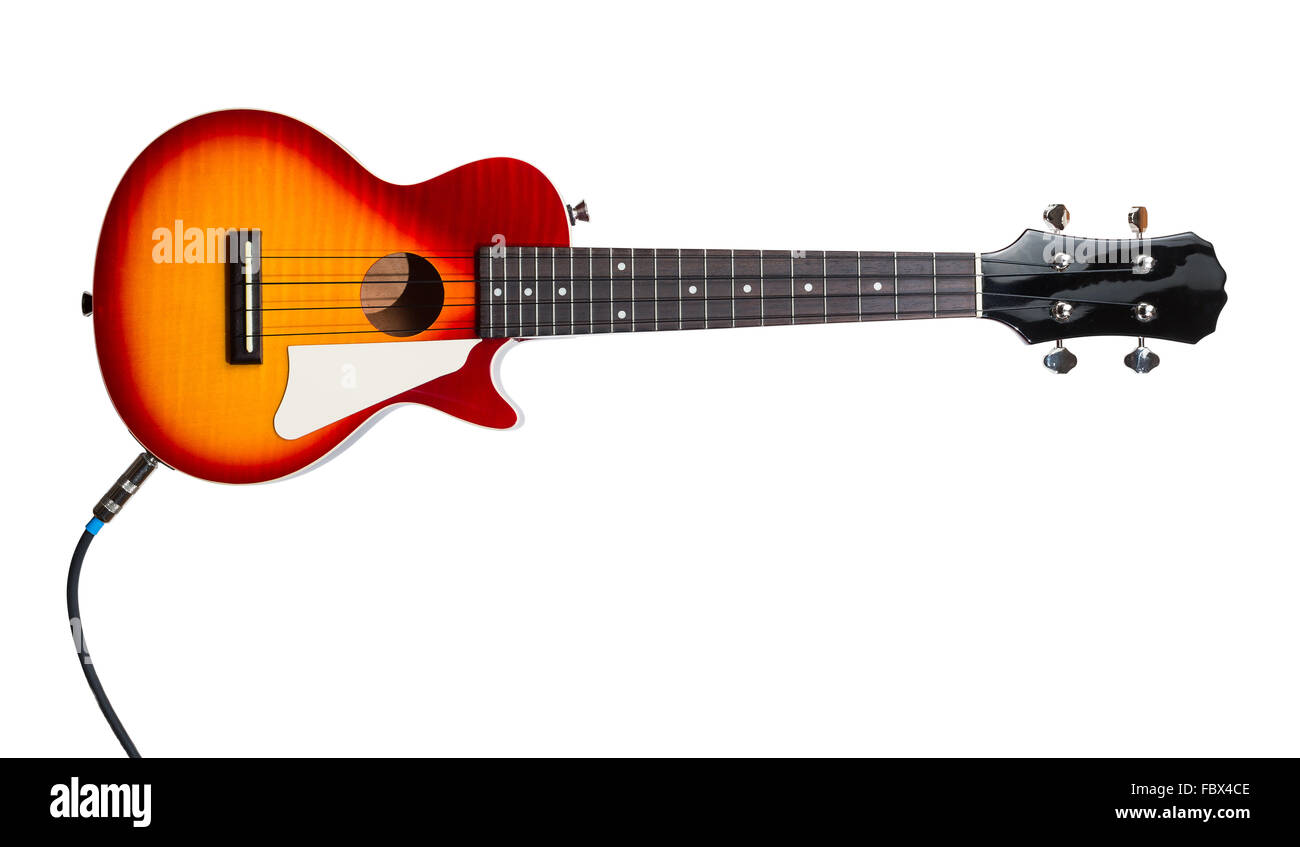 Hawaiian ukulele guitar with four strings isolated on white Stock Photo