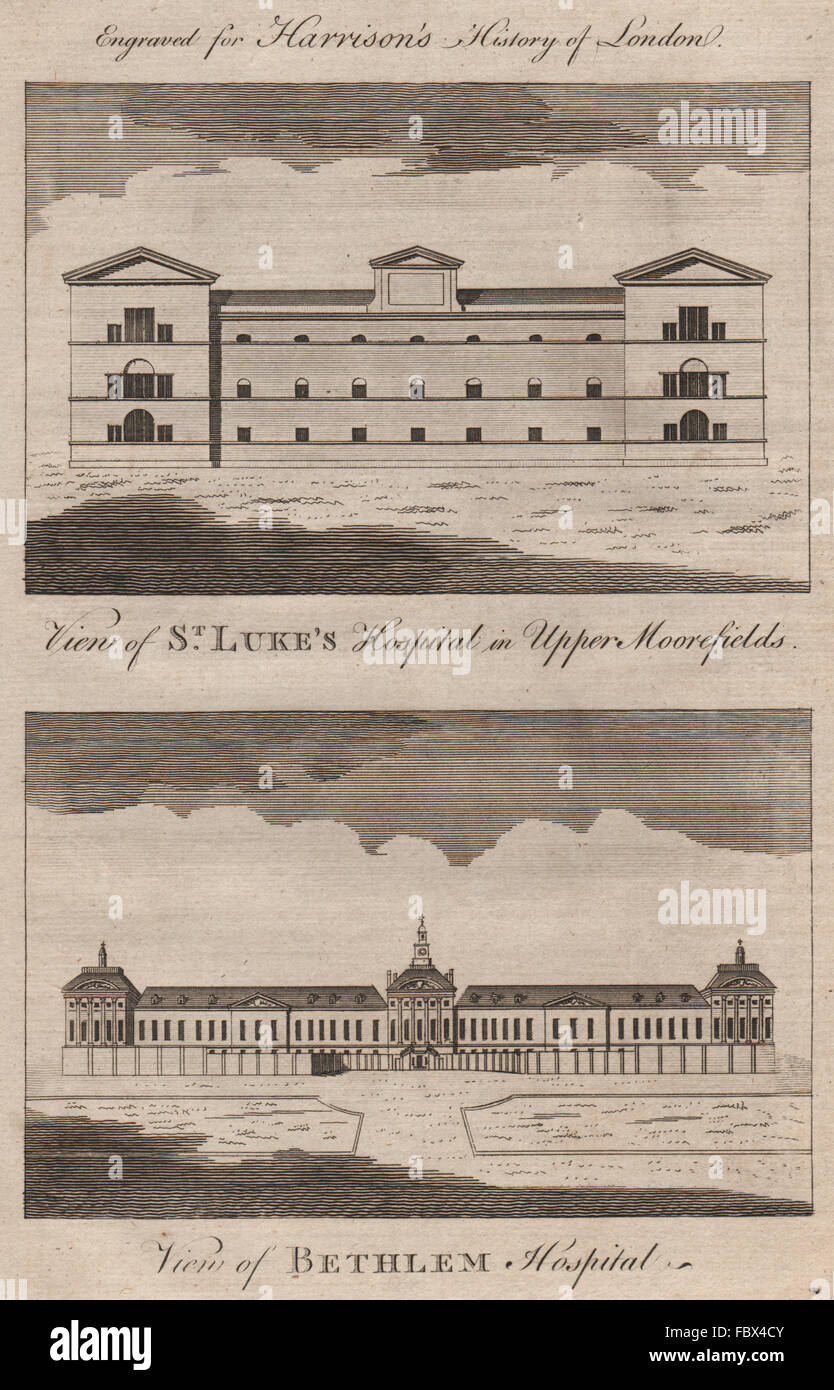 LONDON LUNATIC/MENTAL ASYLUMS St Luke's Moorfields. Bethlem Hospital/Bedlam 1775 Stock Photo
