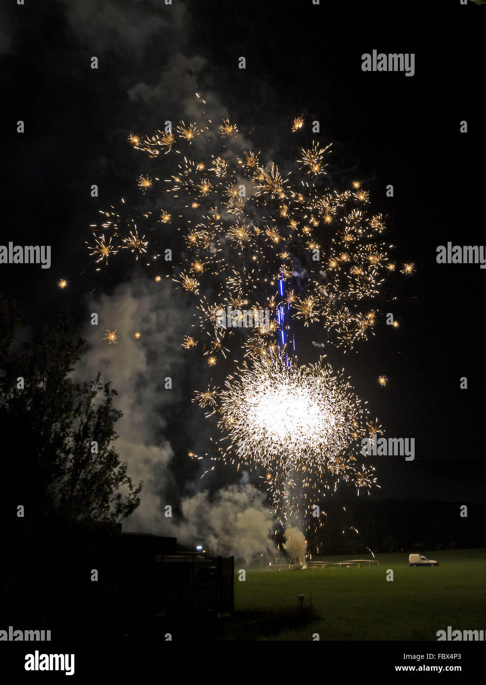 launch and explosion of firework rockets Stock Photo