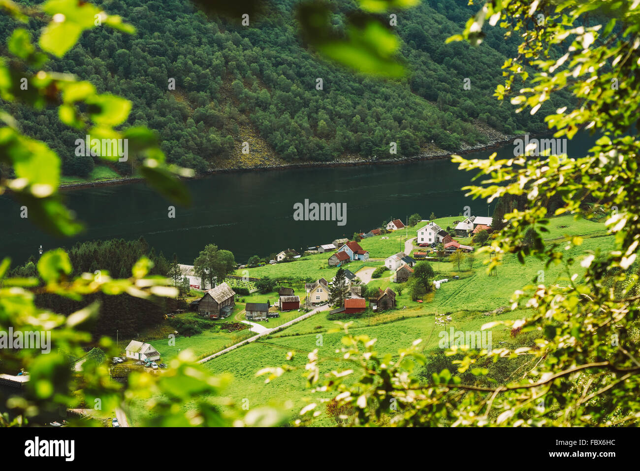 Scandinavian homes houses on shore of the narrowest fjord in Norway