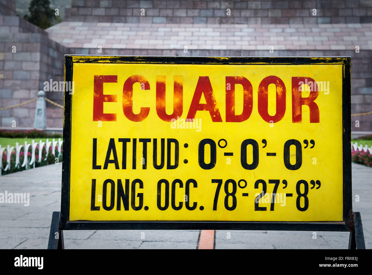 Zero latitude sign at Mitad del Mundo, Ecuador Stock Photo