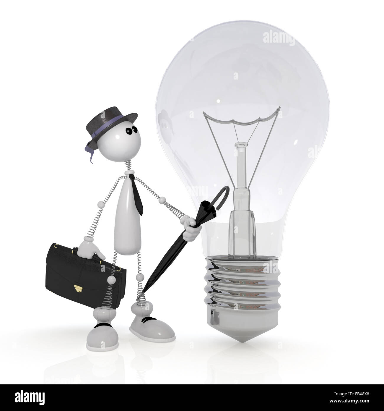 The 3D little man with a bulb. Stock Photo