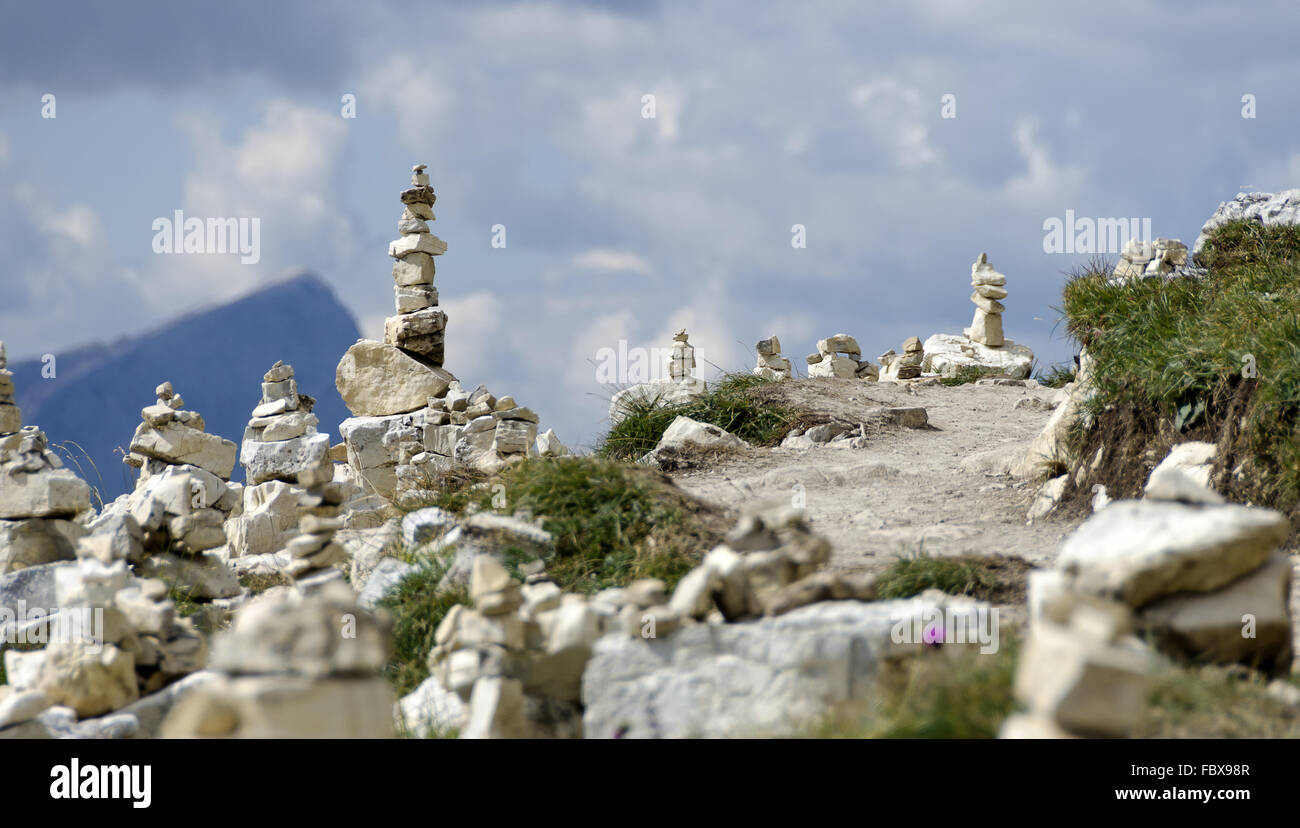 cairns near  the Three Peaks of Lavaredo Stock Photo