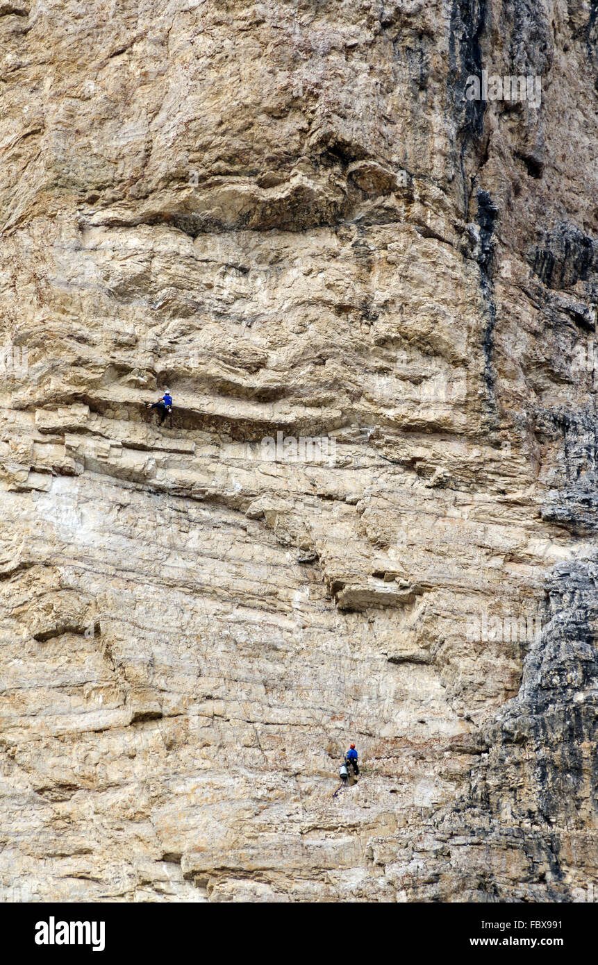 climber on the three peaks of Lavaredo Stock Photo
