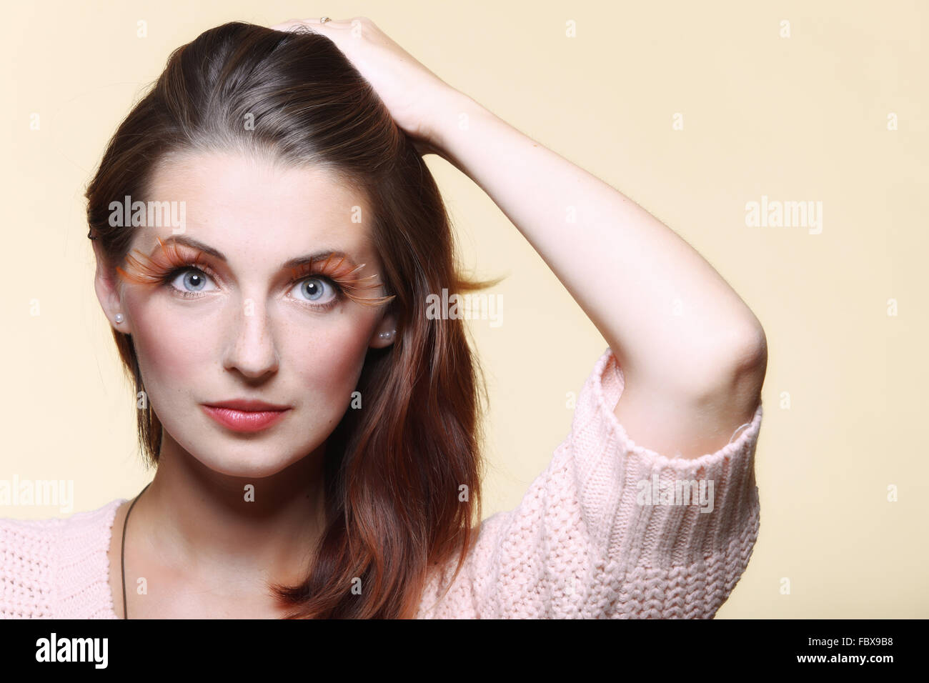 Autumn woman stylish creative make up false eye lashes Stock Photo