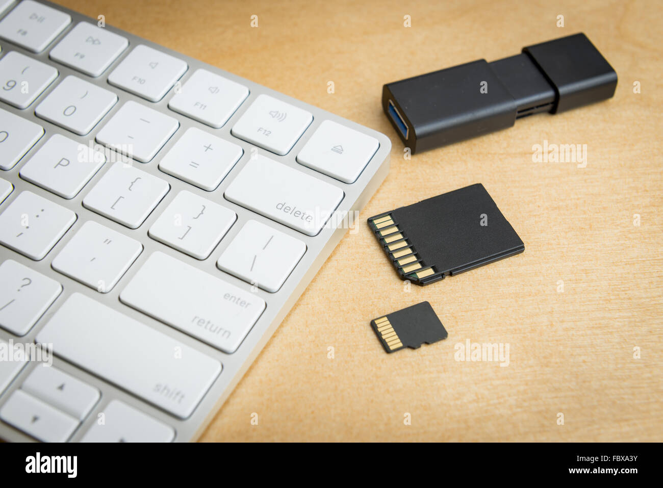 close up wireless keyboard and three types of memory storage, SD, mini SD, flash drive Stock Photo