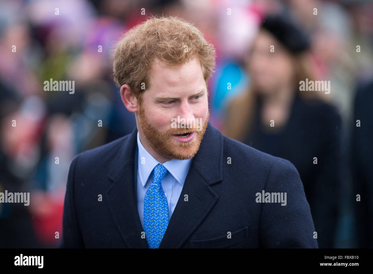 PIC BY GEOFF ROBINSON PHOTOGRAPHY 07976 880732.    Pic shows  Prince Harry at Sandringham Church on December 25, 2015 in King's Lynn, Norfolk, for the Christmas Day Service.   Members of the Royal Family have attended the Christmas Day service at church on the Sandringham estate. Led by the Queen, who arrived in a Bentley, the royals made their way from Sandringham House to St Mary Magdalene Church for the traditional service. The other members of the family made the short journey on foot. Hundreds of well-wishers had gathered in the rain to catch a glimpse of the monarch and other senior memb Stock Photo