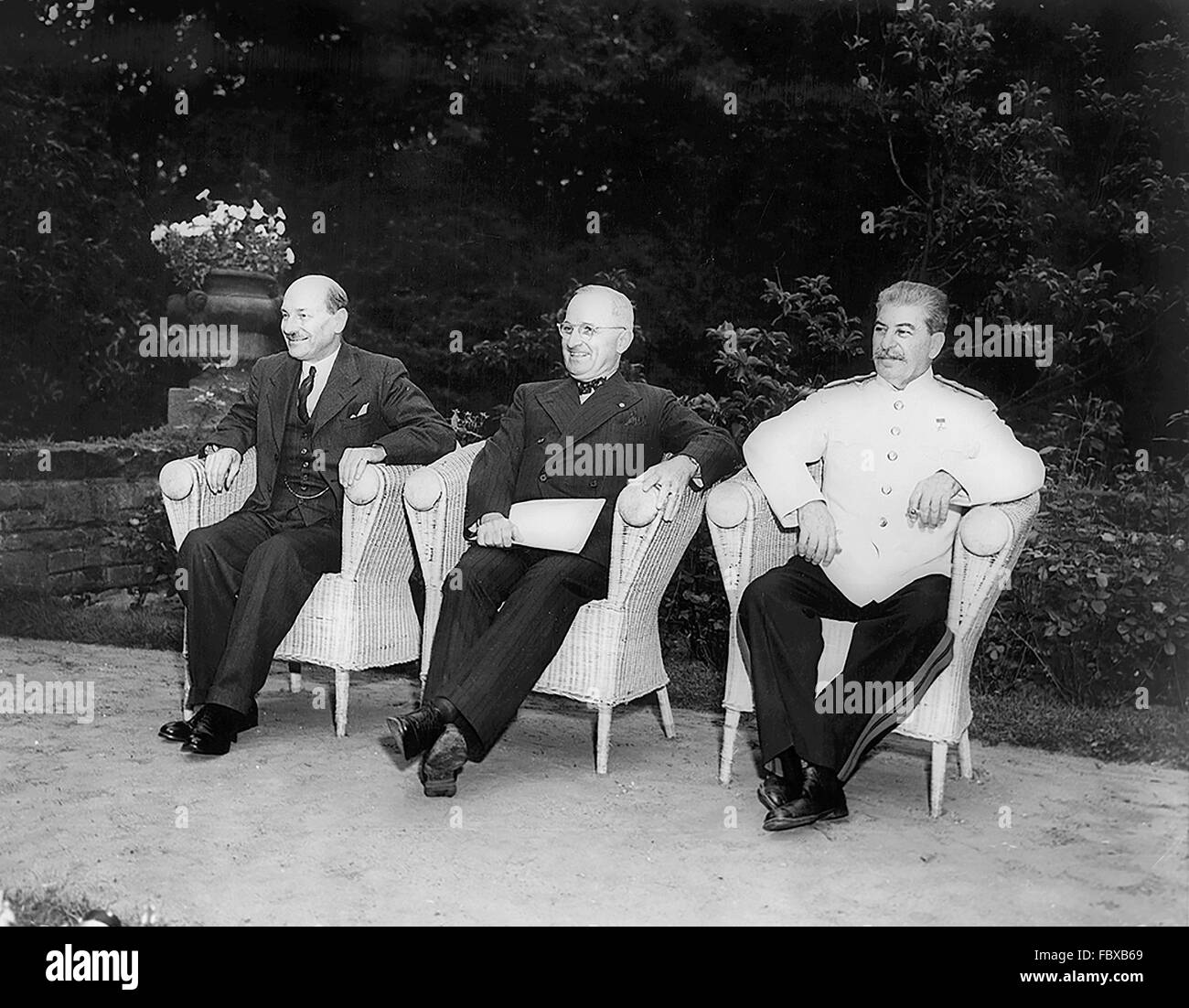 Potsdam Conference, August 1945. British Prime Minister Clement Attlee, US President Harry S Truman, and Soviet Premier Joseph Stalin at the Potsdam Conference (previously referred to as the Berlin Conference) on August 1st 1945 Stock Photo
