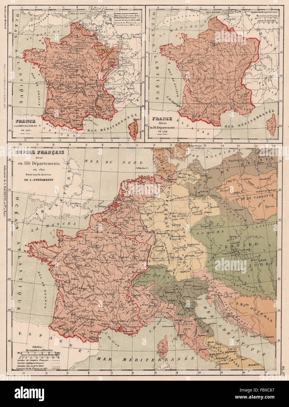 FRANCE in 1715. In 84 departments in 1791. In 130 departements in 1812, 1880 map Stock Photo