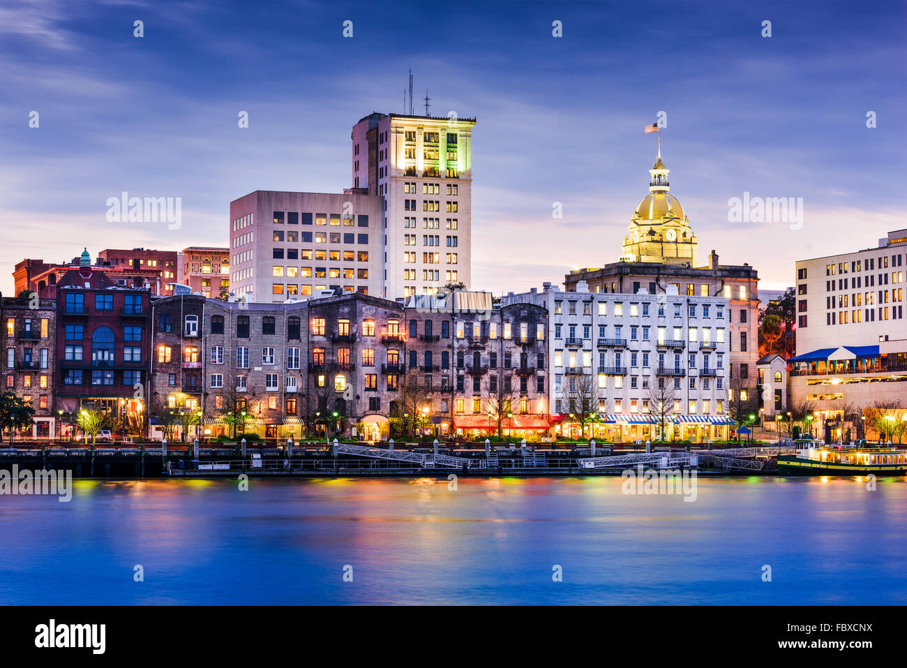 Savannah, Georgia, USA downtown riverfront skyline. Stock Photo
