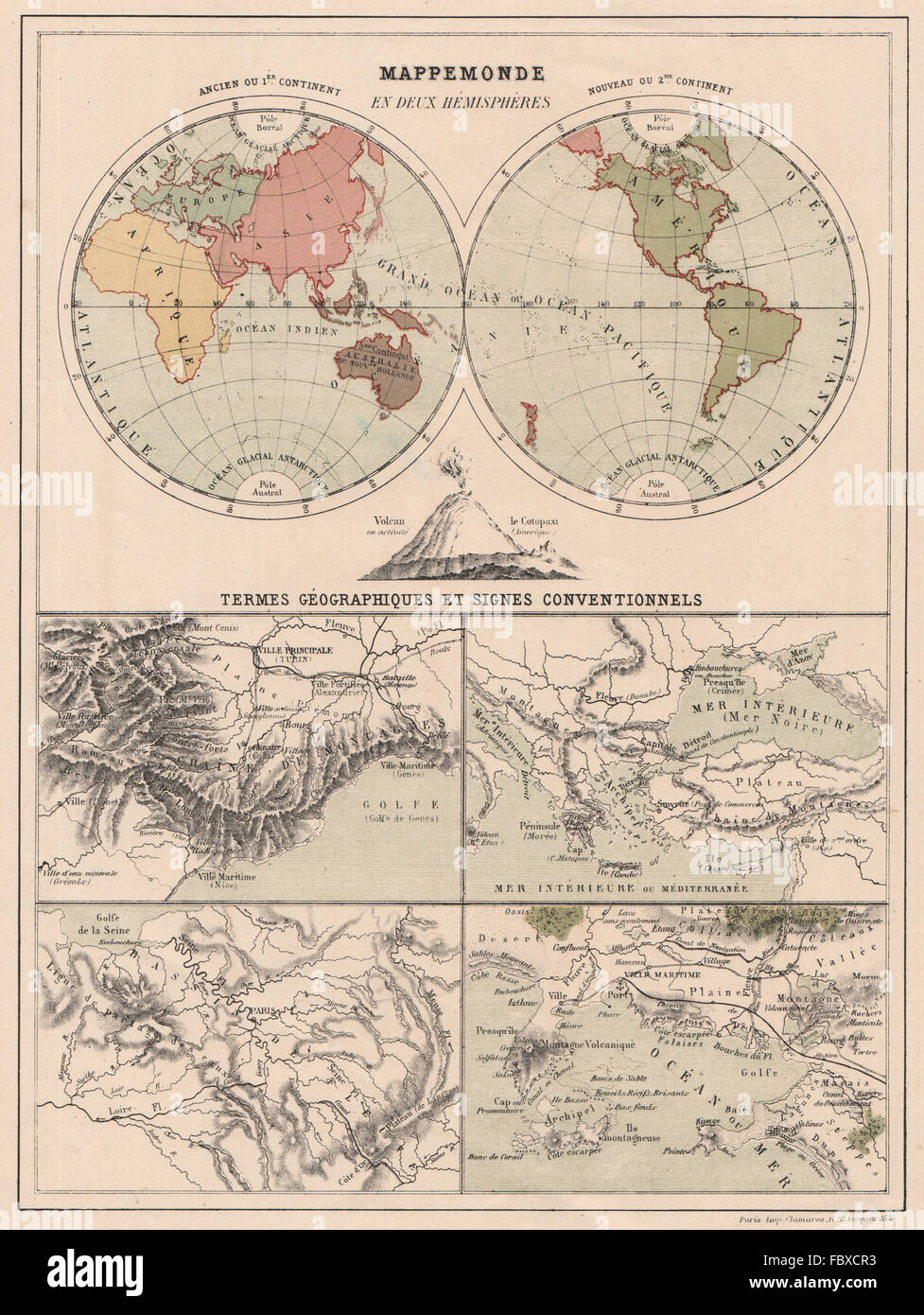 WORLD IN TWIN HEMISPHERES. Geographic terms & signs. Alpes Maritime, 1880 map Stock Photo