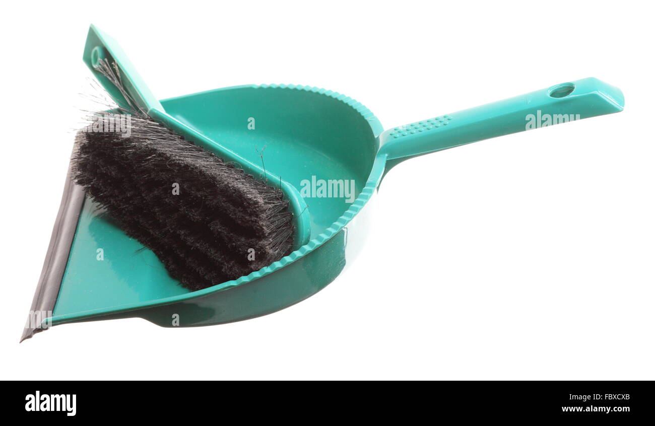 Green sweeping brush and dustpan for house work. Cleaning. Isolated on