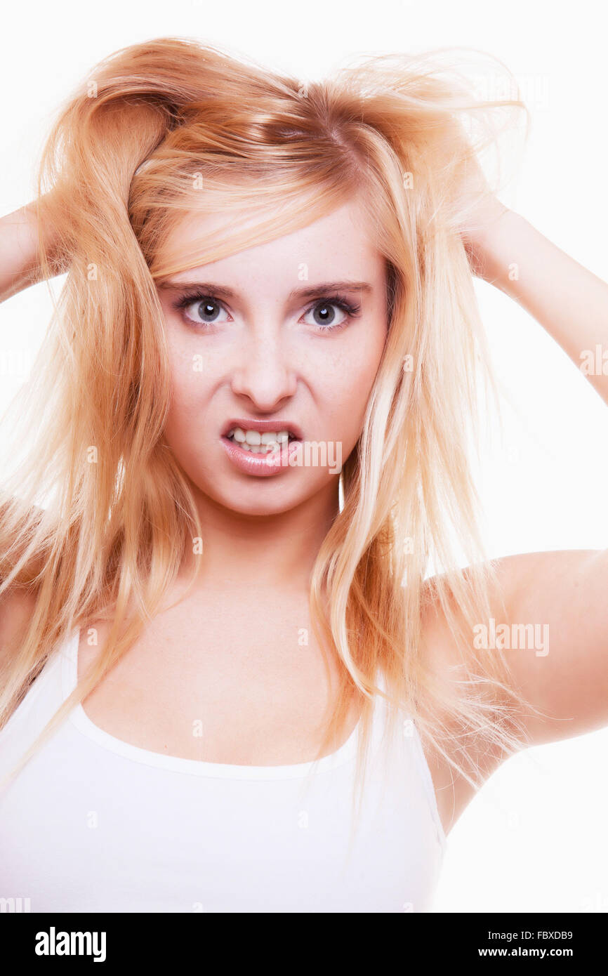 Stress Young Woman Frustrated Pulling Her Hair On White Stock