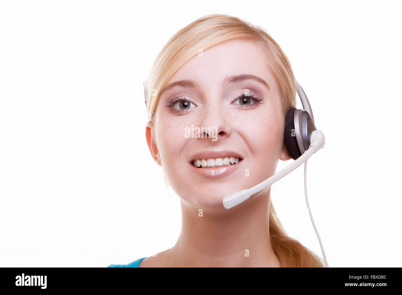 Girl with headphones and microphone headset on white Stock Photo Alamy