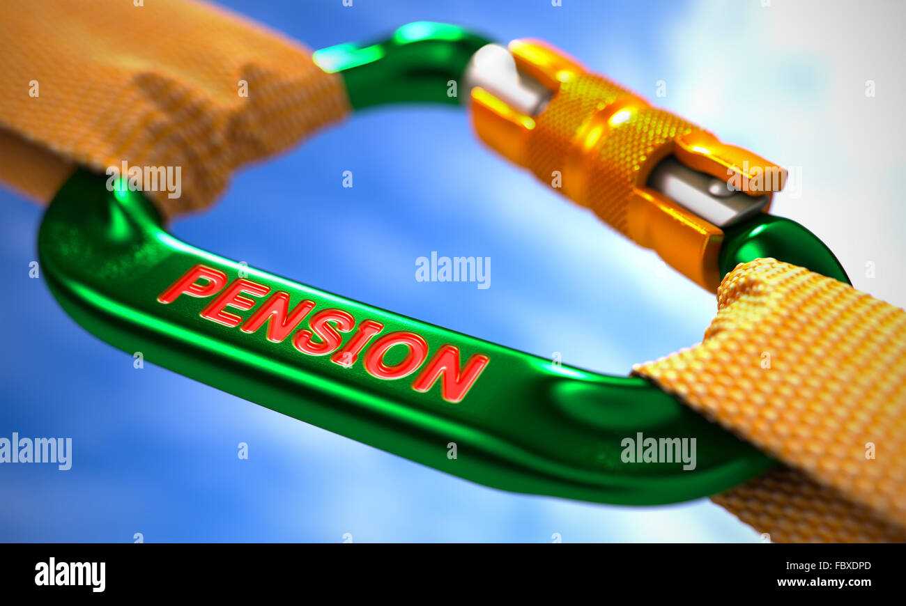 Pension on Green Carabiner between Orange Ropes. Stock Photo