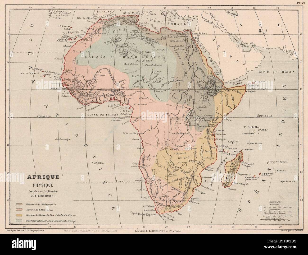 AFRICA WATERSHEDS/drainage divides Atlantic Indian Oceans Mediterranean 1880 map Stock Photo