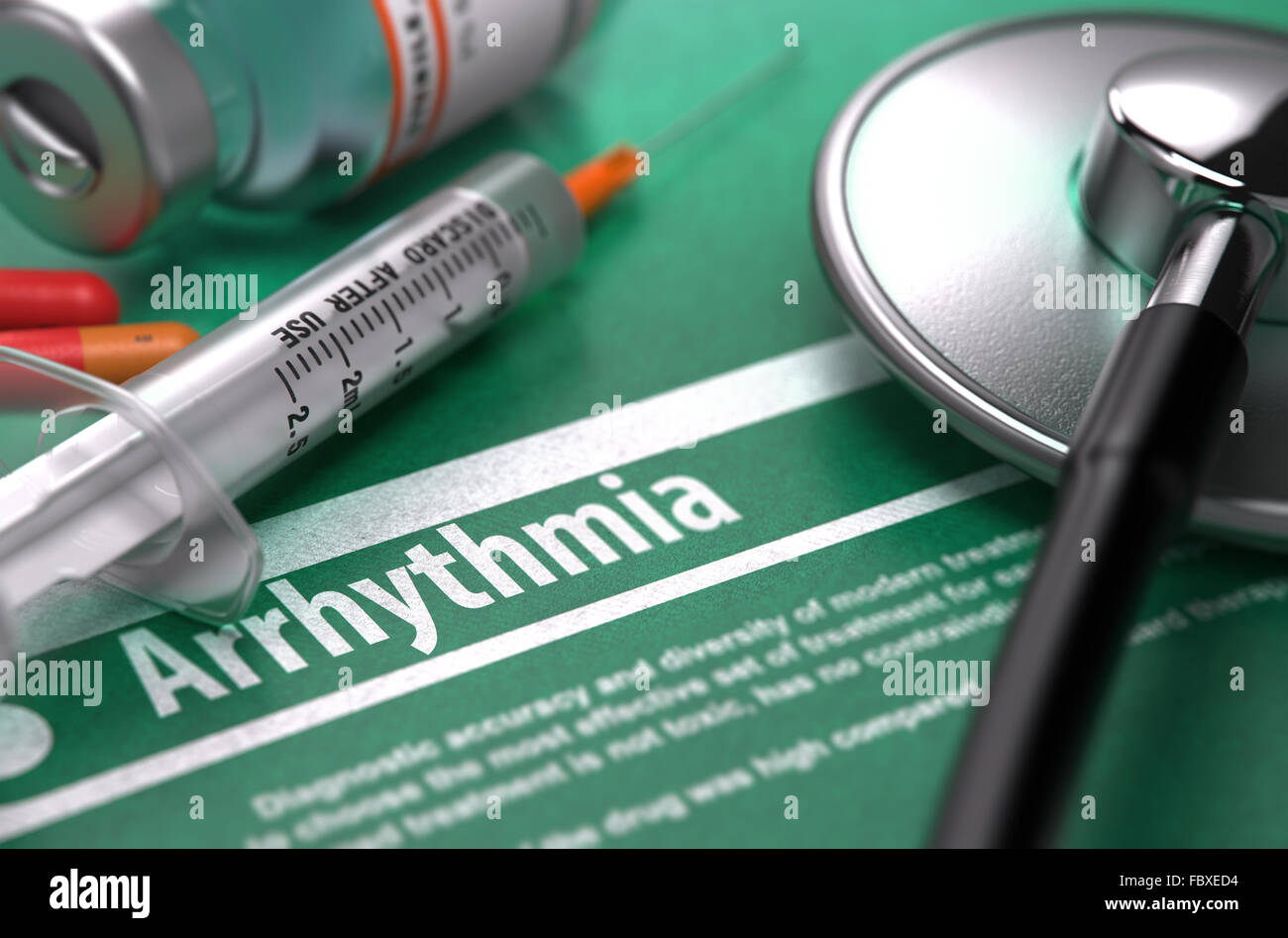 Arrhythmia. Medical Concept on Green Background. Stock Photo