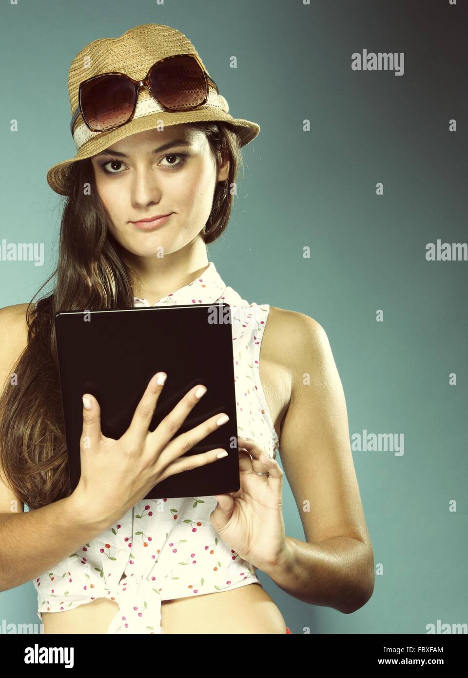 Girl with tablet computer ebook reader touchpad pc Stock Photo Alamy