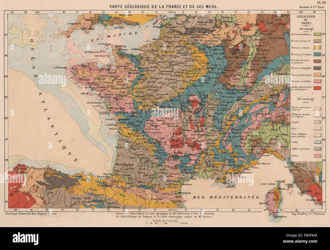 FRANCE GEOLOGICAL. Geological map of France and its seas. CORTAMBERT, 1880 Stock Photo