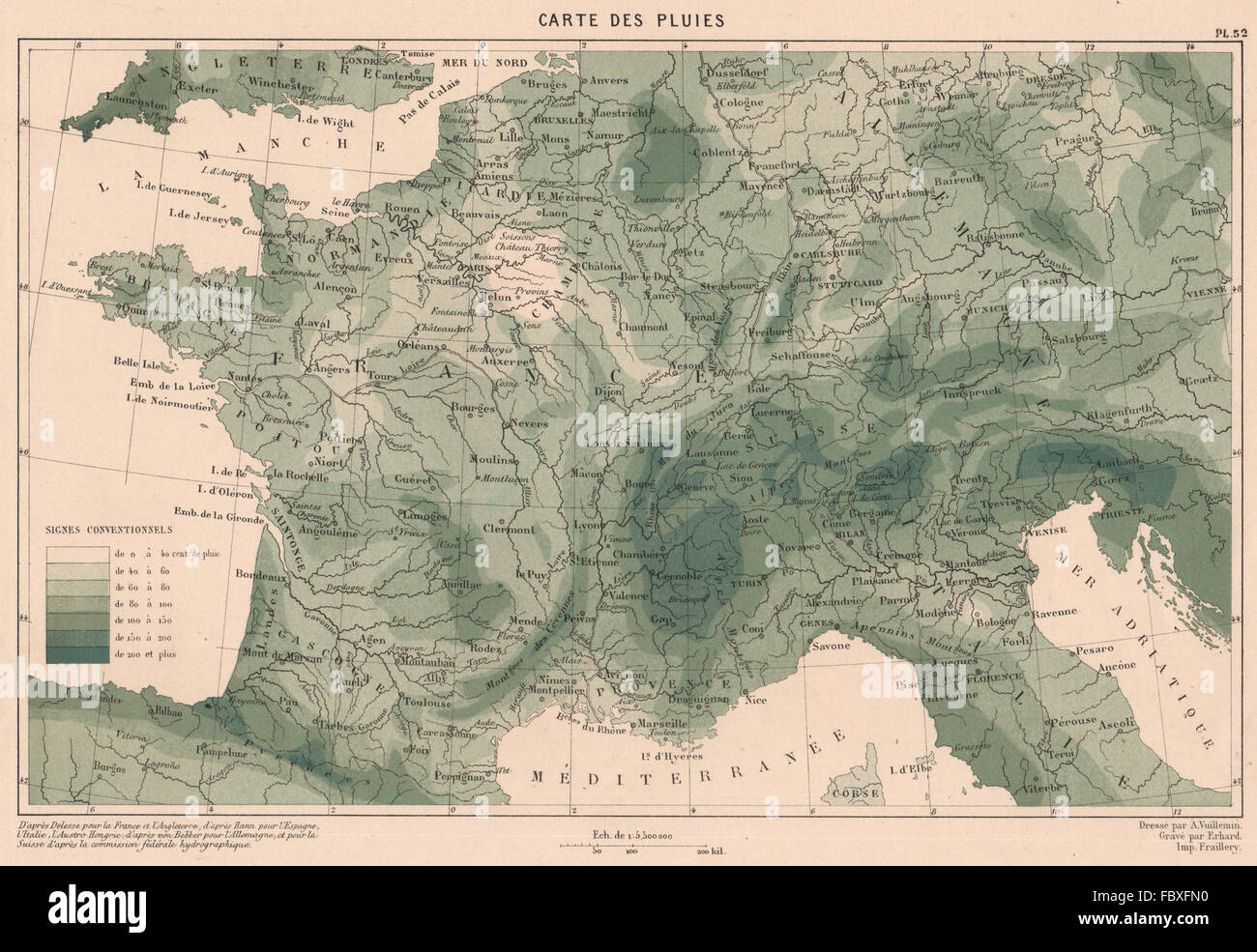 FRANCE RAINFALL. Precipitation. CORTAMBERT, 1880 antique map Stock Photo