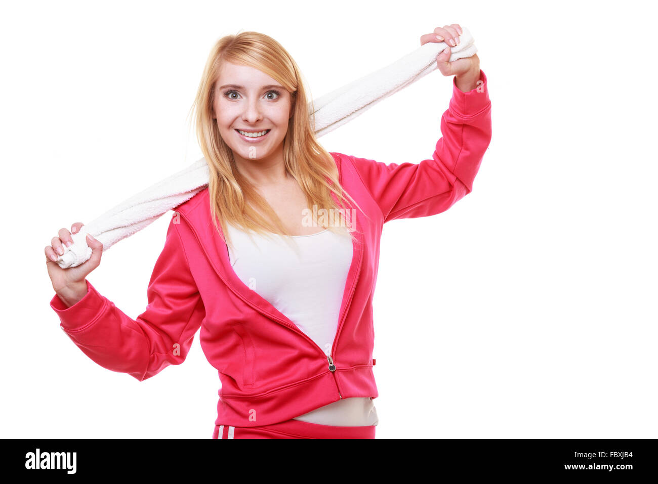 happy blonde girl with a towel on her head enjoying a back massage in the  spa senter. close up photo. happiness,health, body care Stock Photo